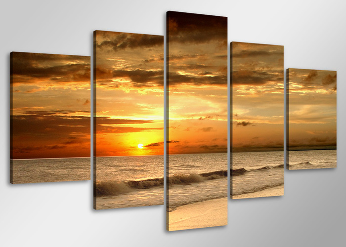 Schilderij - Zonsondergang boven zee, 100x50 cm. 5 luik, wanddecoratie afbeelding