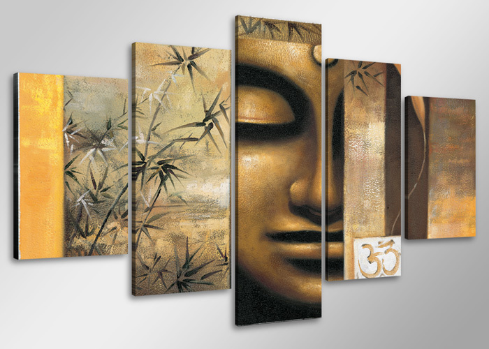 Schilderij - Boeddha met Ohm teken, 100x50 cm. 5 luik, wanddecoratie