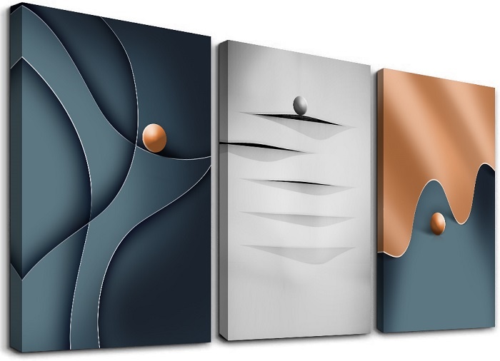 Schilderij - Modern abstract, blauw/grijs/brons, 120x80 cm. 3 luik, wanddecoratie afbeelding