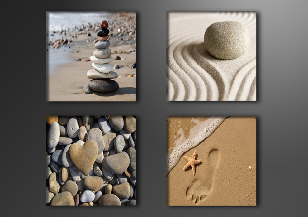 Schilderij - Strand en inspiratie, Zen, 4x 20cm. 4 delen, wanddecoratie afbeelding