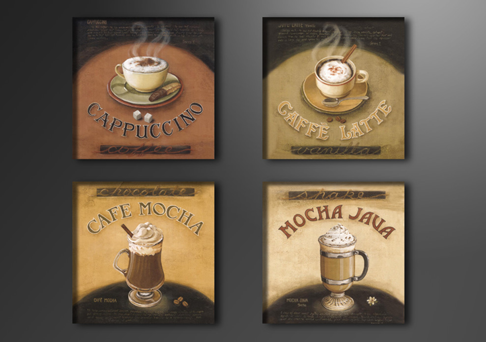 Schilderij - 4 soorten koffie, 4x 20cm. 4 delen, wanddecoratie afbeelding
