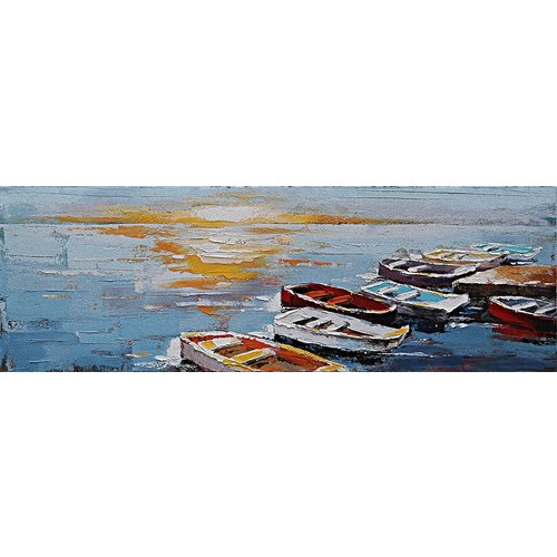 Schilderij - Handgeschilderd - Roeiboten en zonsondergang, 150x60cm Schilderij - Handgeschilderd - Roeiboten en zonsondergang, 150x60cm