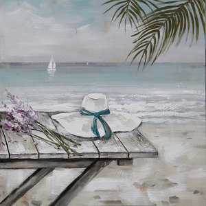 Schilderij - Handgeschilderd - Eenzaam op het strand, olieverf, 100x100 cm.