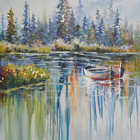 Schilderij - Handgeschilderd - In alle rust, boten op de rivier, olieverf, 100x100 cm. Schilderij - Handgeschilderd - In alle rust, boten op de rivier, olieverf, 100x100 cm.