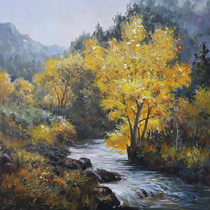 Schilderij - Handgeschilderd - Waterval door het bos, Olieverf, 100x100 cm.