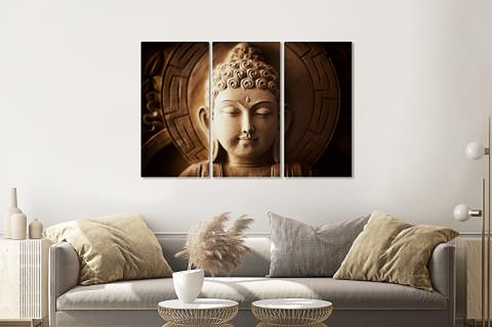 Schilderij - Mijmerende Boeddha, 3 luik, 120x80cm premium print afbeelding