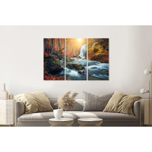 Karo-art Schilderij - Waterval in bos, herfst, 3 luik, 120x80cm  premium print