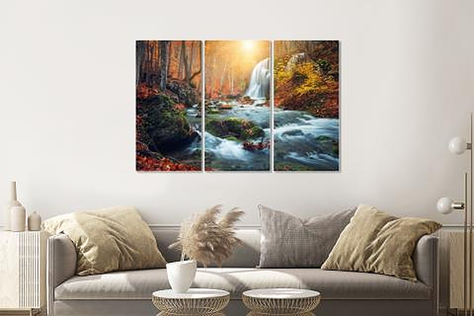 Schilderij - Waterval in bos, herfst, 3 luik, 120x80cm premium print