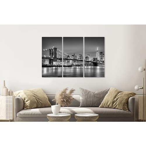 Karo-art Schilderij - Brooklyn Bridge in zwart en wit, 3 luik, 120x80cm  premium print