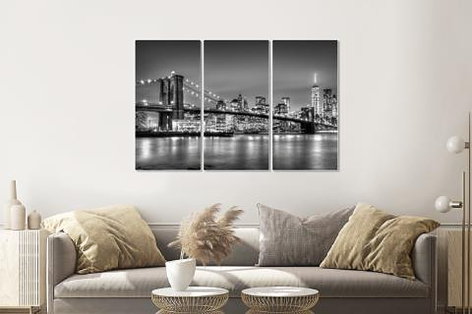 Schilderij - Brooklyn Bridge in zwart en wit, 3 luik, 120x80cm premium print afbeelding