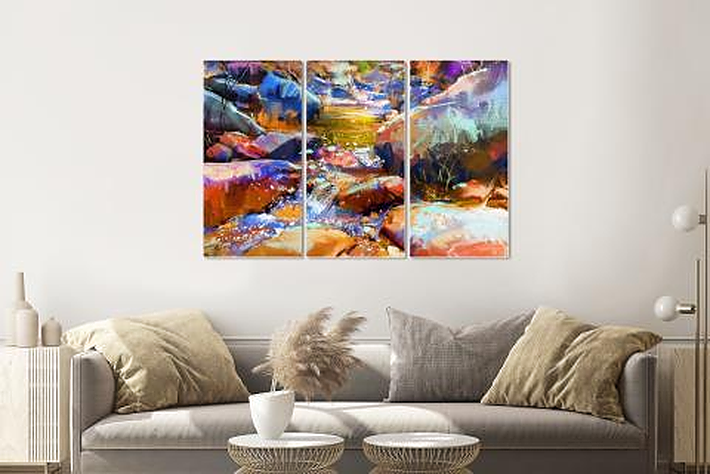Schilderij - Waterval met kleurrijke stenen, 3 luik, 120x80cm afbeelding