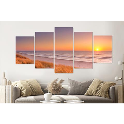 Karo-art Schilderij - Duinen en strand bij zonsondergang, 5 luik, 200x100cm