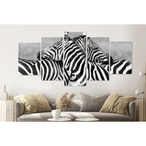 Karo-art Schilderij - Zebra liefde in zwart en wit, 5 luik, 200x100cm