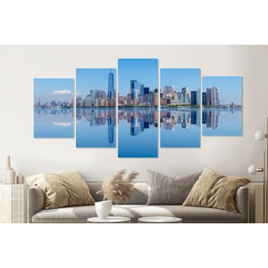 Karo-art Schilderij - New York City skyline weerspiegeling, 5 luik, 200x100cm