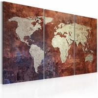 Schilderij - Wereldkaart - Roestige kaart van de Wereld, Roestige Look, 3luik , premium print op canvas , 90x60cm Schilderij - Wereldkaart - Roestige kaart van de Wereld, Roestige Look, 3luik , premium print op canvas , 90x60cm