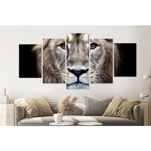 Karo-art Schilderij -Nieuwsgierige Leeuw,  5 luik, 200x100cm, premium print