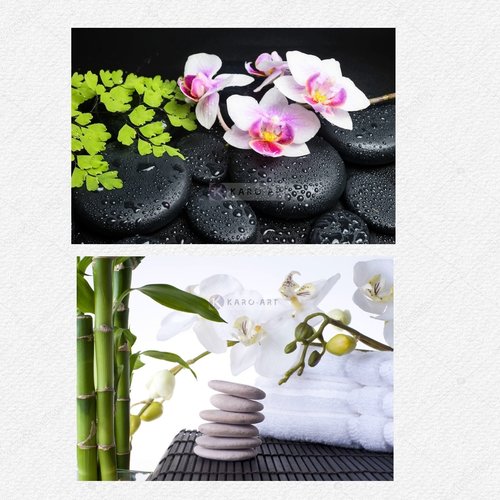 Schilderij -  Orchidee, zen stenen en bamboe en Zen stenen met orchidee, 90x60cm.  2 stuks voor de prijs van 1