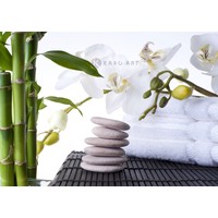 Schilderij - Orchidee, zen stenen en bamboe en Zen stenen met orchidee, 90x60cm. 2 stuks voor de prijs van 1 Schilderij - Orchidee, zen stenen en bamboe en Zen stenen met orchidee, 90x60cm. 2 stuks voor de prijs van 1