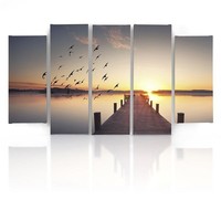 Schilderij , Steiger ,Meer en Vogels , Multikleur ,5 luik , wanddecoratie , Premium print , XXL , 100x150cm Schilderij , Steiger ,Meer en Vogels , Multikleur ,5 luik , wanddecoratie , Premium print , XXL , 100x150cm