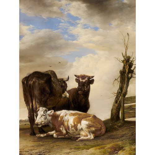 Karo-art Schilderij - Paulus Potter, , Twee koeien en een jonge stier naast een hek in een weiland, 1647, 60x90cm
