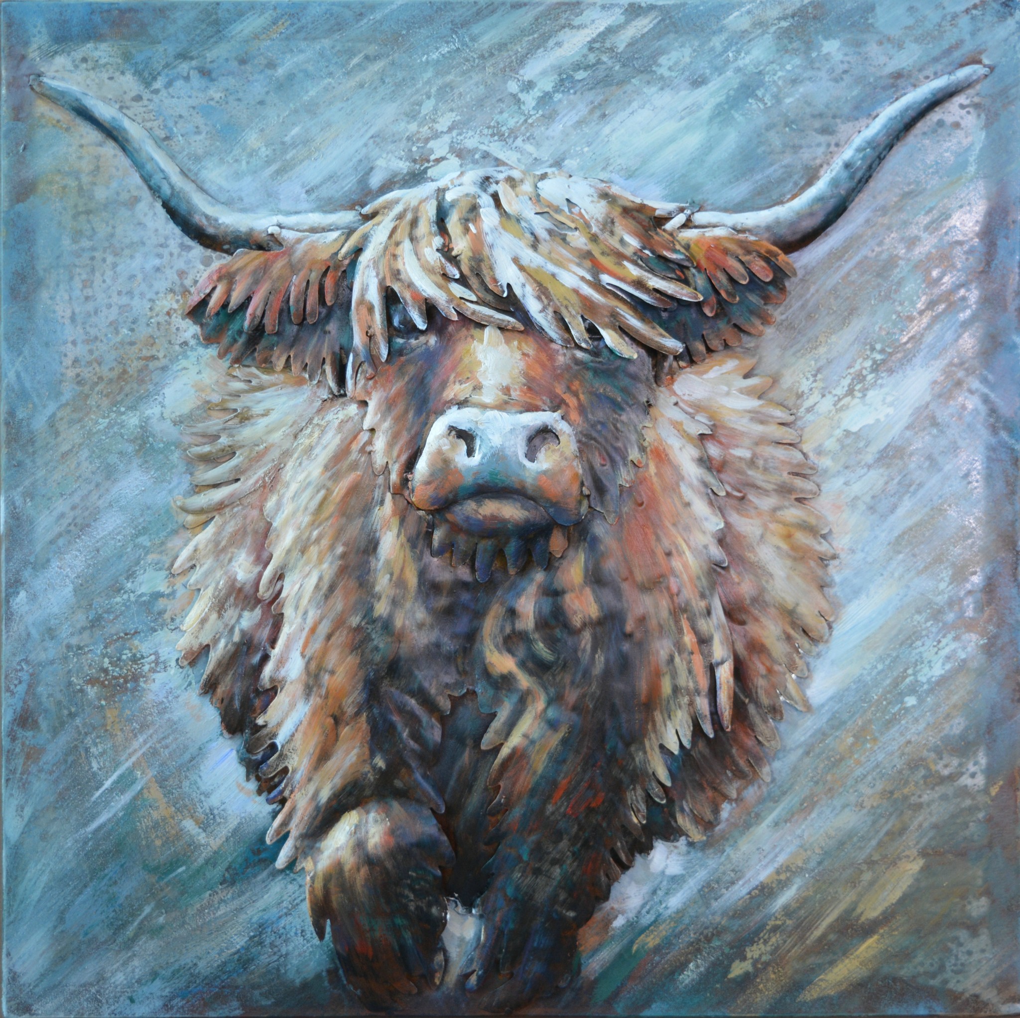 Schilderij - Metaalschilderij - Schotse Hooglander, Koe, 3D, 80x80cm afbeelding