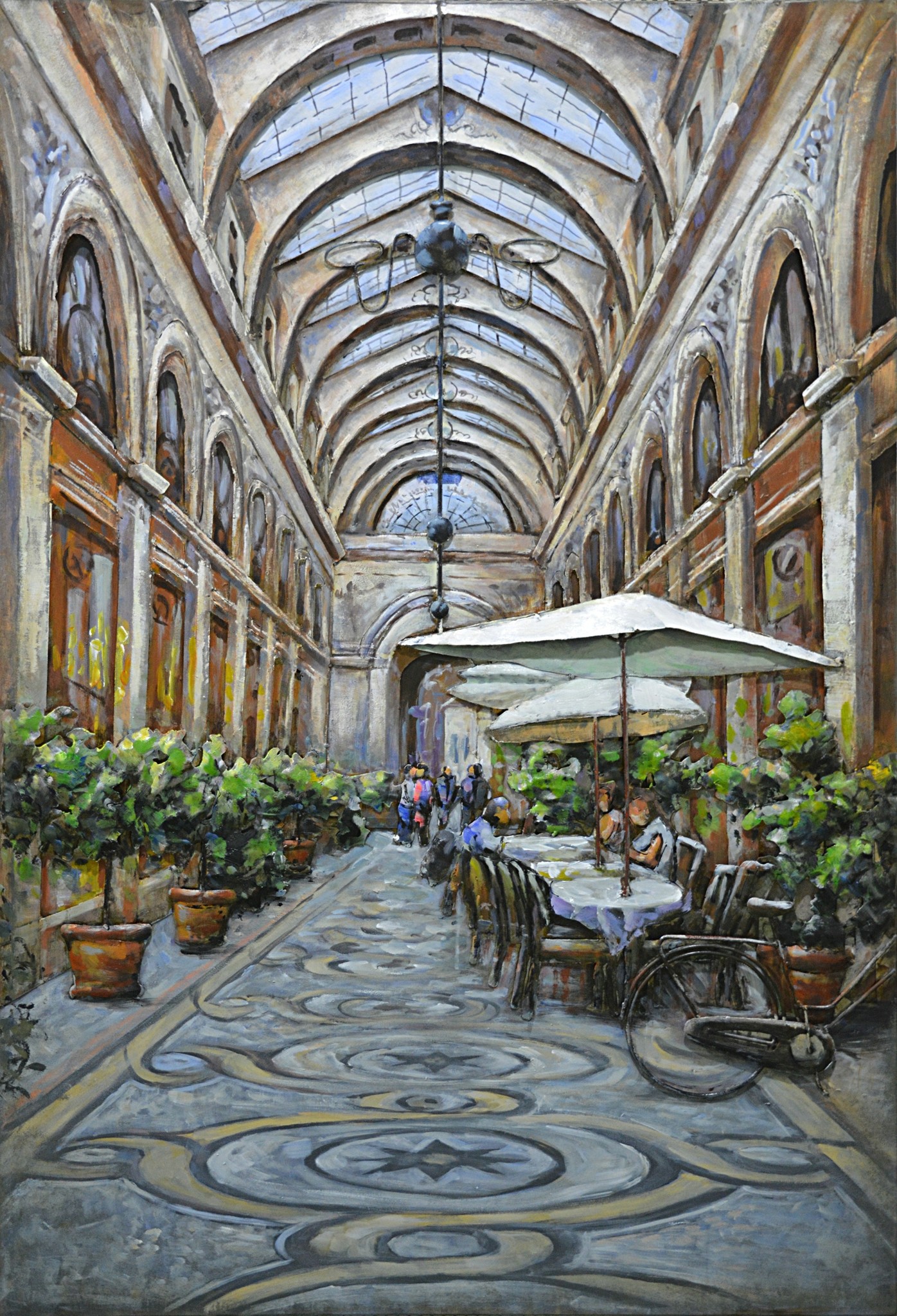 Schilderij - Metaalschilderij - Overdekte Passage, Restaurant, 3D, 80x120cm afbeelding 1