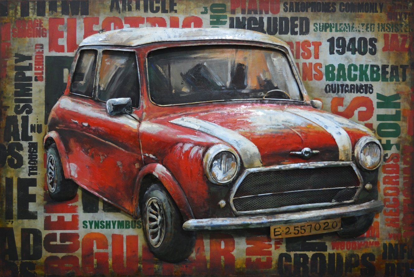 Schilderij - Metaalschilderij - Mini Cooper Vintage, 3D, 120x80cm