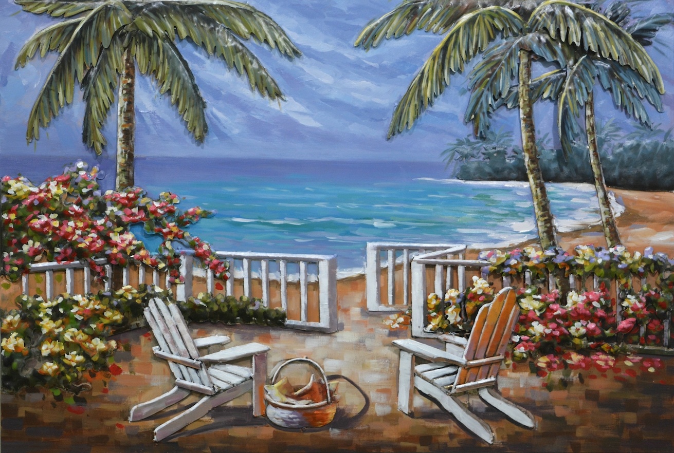 Schilderij - Metaalschilderij -Het Paradijs, Strand, Palmbomen en Zee, 3D, 120x80cm