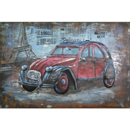 Schilderij - Metaalschilderij - Rode auto Citroën 2cv, Parijs - oldtimer120x80,  3D schilderij