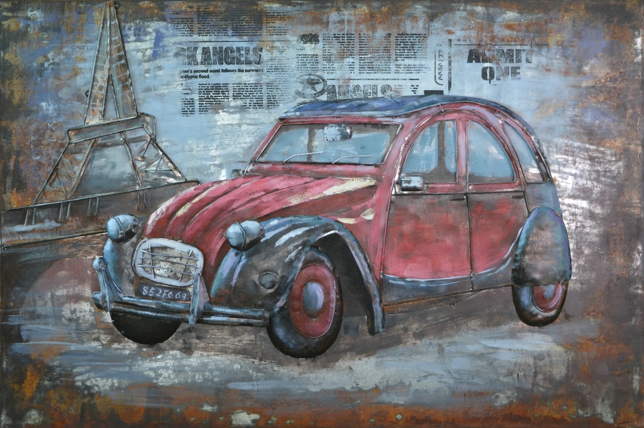 Schilderij - Metaalschilderij - Rode auto Citroën 2cv, Parijs - oldtimer120x80, 3D schilderij afbeelding 1