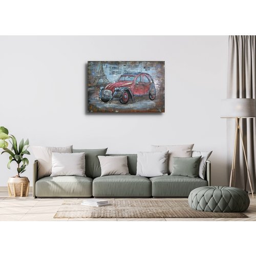 Schilderij - Metaalschilderij - Rode auto Citroën 2cv, Parijs - oldtimer120x80,  3D schilderij
