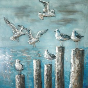Schilderij -  Metaalschilderij -Zeemeeuwen, Zeezicht,100x100cm,  3D schilderij