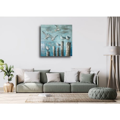 Schilderij -  Metaalschilderij -Zeemeeuwen, Zeezicht,100x100cm,  3D schilderij