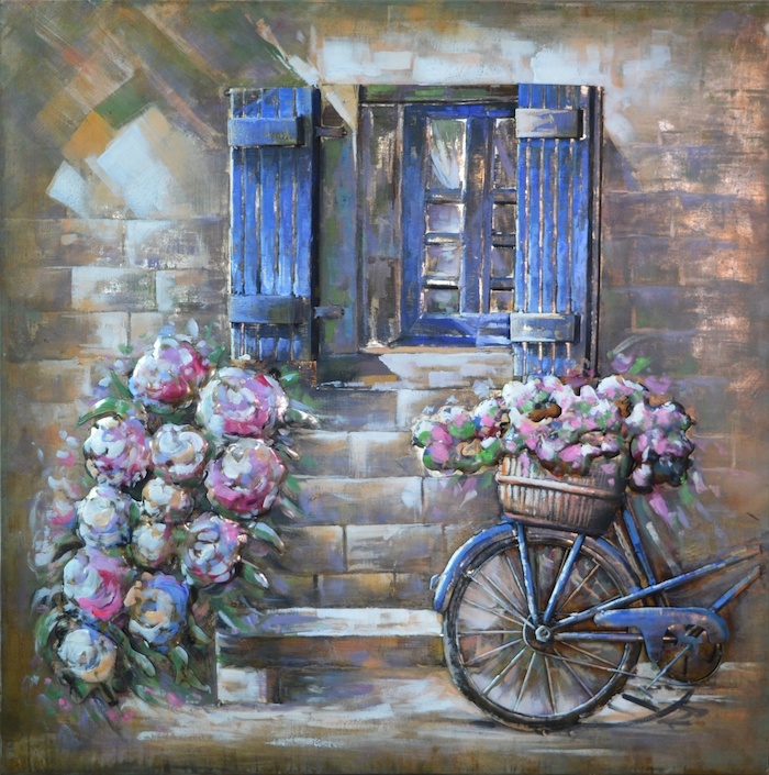 Schilderij - Metaalschilderij - Bloemen, Venster en Fiets, 100x100cm. 3D afbeelding