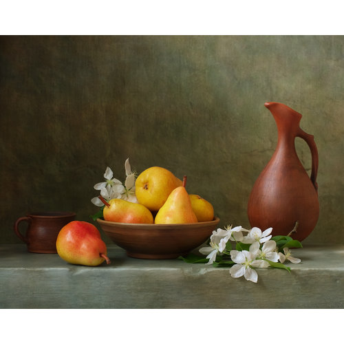 Karo-art Schilderij -Stilleven met  Peren. 100x80cm. Wanddecoratie, premium print