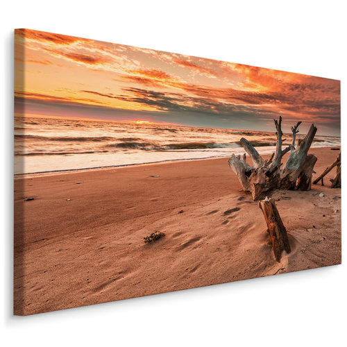 Schilderij - Prachtige zonsondergang op het strand, wanddecoratie, premium print