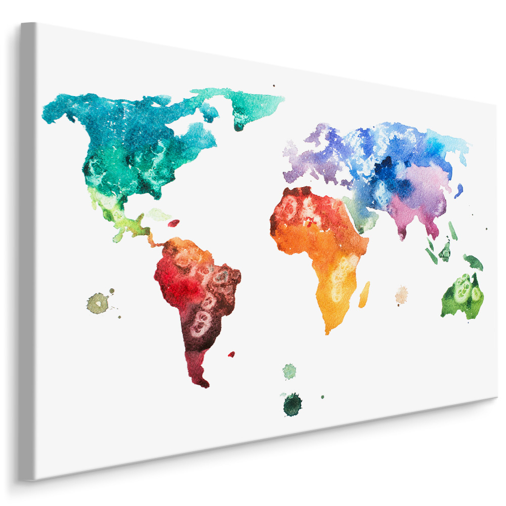 Schilderij - Wereldkaart in aquarel, print op canvas, multikleur, premium print afbeelding