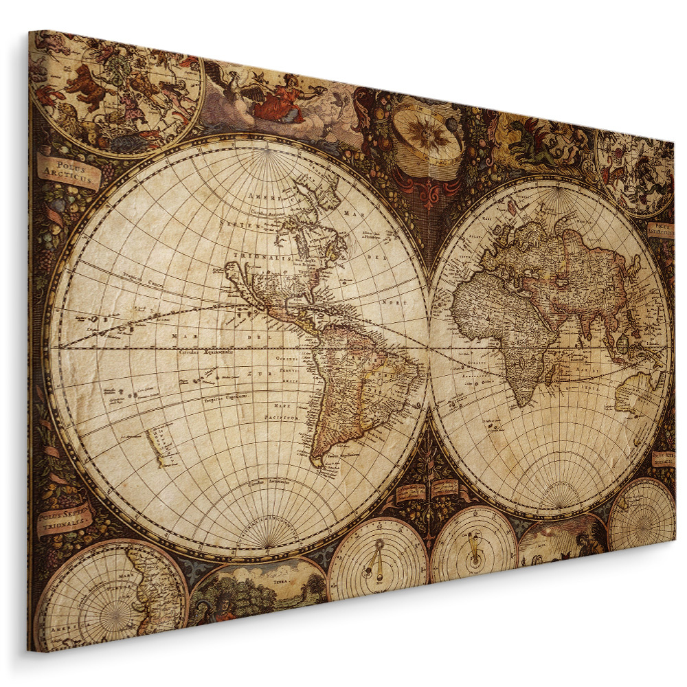 Schilderij - Prachtige oude kaart van de wereld, premium print, wanddecoratie afbeelding