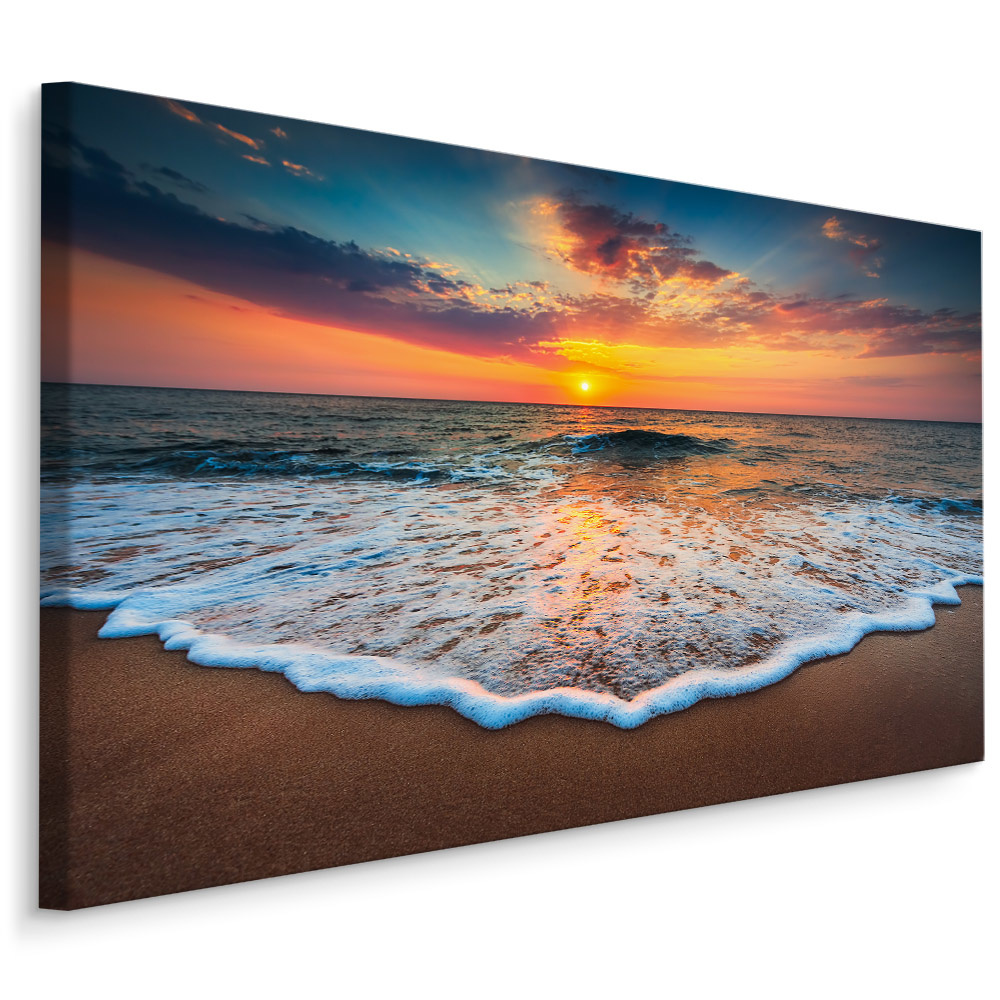 Schilderij - Zonsondergang op de zee , Wanddecoratie , Premium print afbeelding
