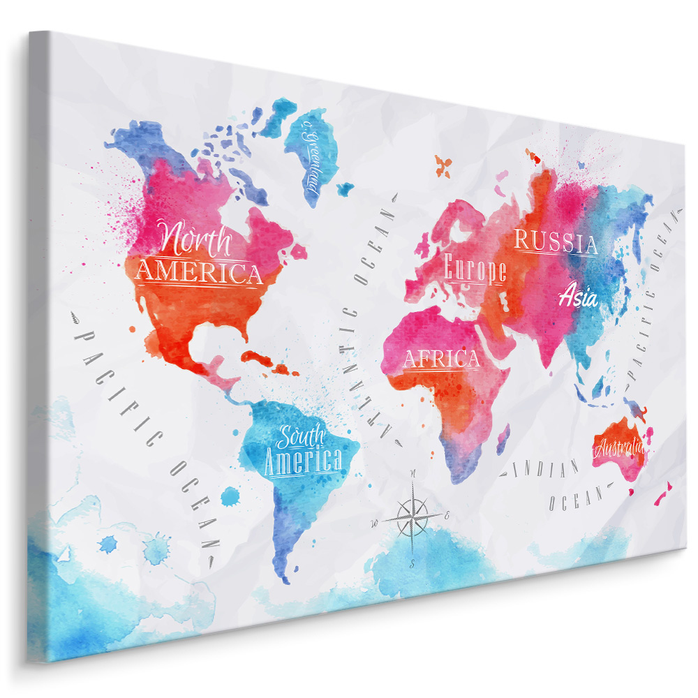 Schilderij - Kleurrijke Wereldkaart , Wanddecoratie , Premium print afbeelding