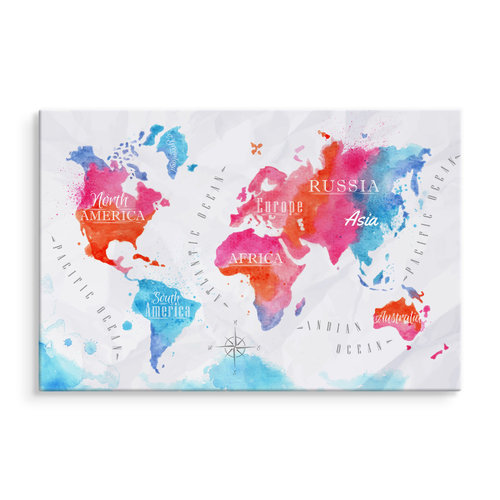 Schilderij -  Kleurrijke Wereldkaart  , Wanddecoratie , Premium print