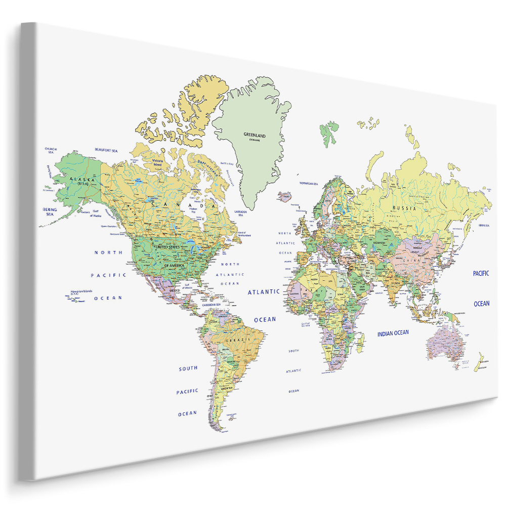 Schilderij - Pastelkleurige Wereldkaart , Wanddecoratie , Premium print afbeelding