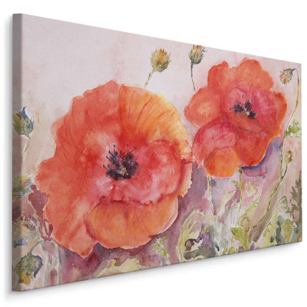 Schilderij - Geschilderde Klaprozen , Print op canvas , Wanddecoratie , Premium print afbeelding
