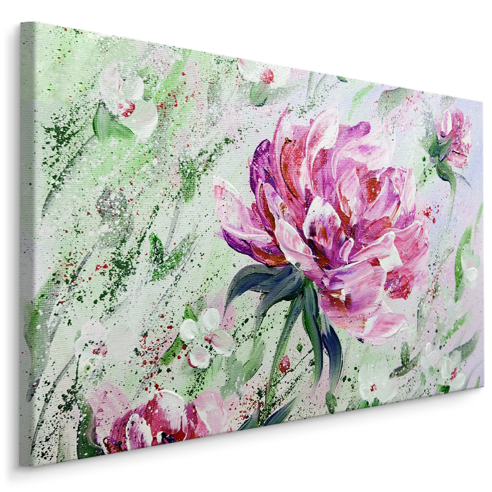 Schilderij - Geschilderde Pioenrozen , print op canvas, premium print , Wanddecoratie afbeelding