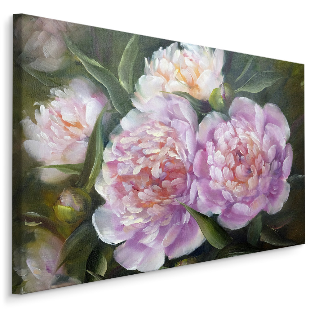 Schilderij - Geschilderde Pioenrozen en bladeren , print op canvas, premium print , Wanddecoratie afbeelding