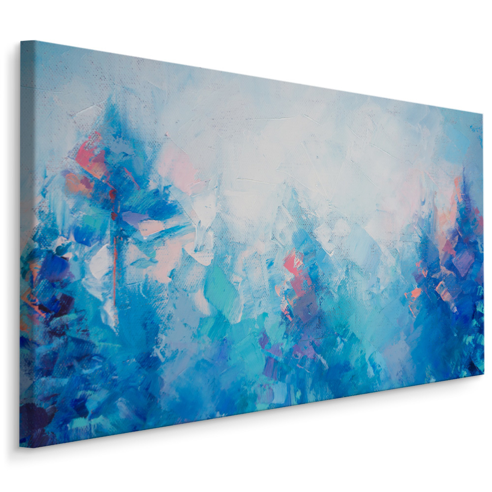 Schilderij - Abstract winterlandschap, aquarel, print op canvas, blauw/rood afbeelding