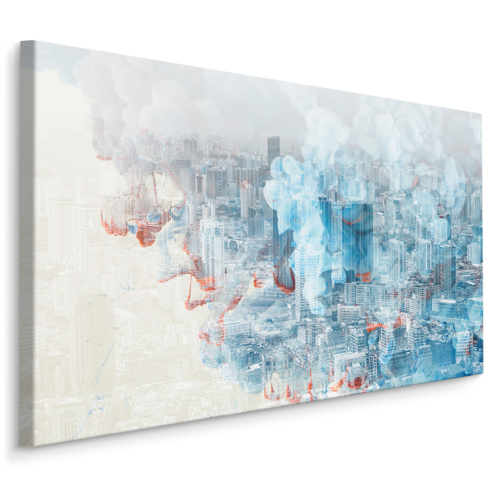 Schilderij - Abstract beeld van een wereld stad, blauw/rood/grijs afbeelding
