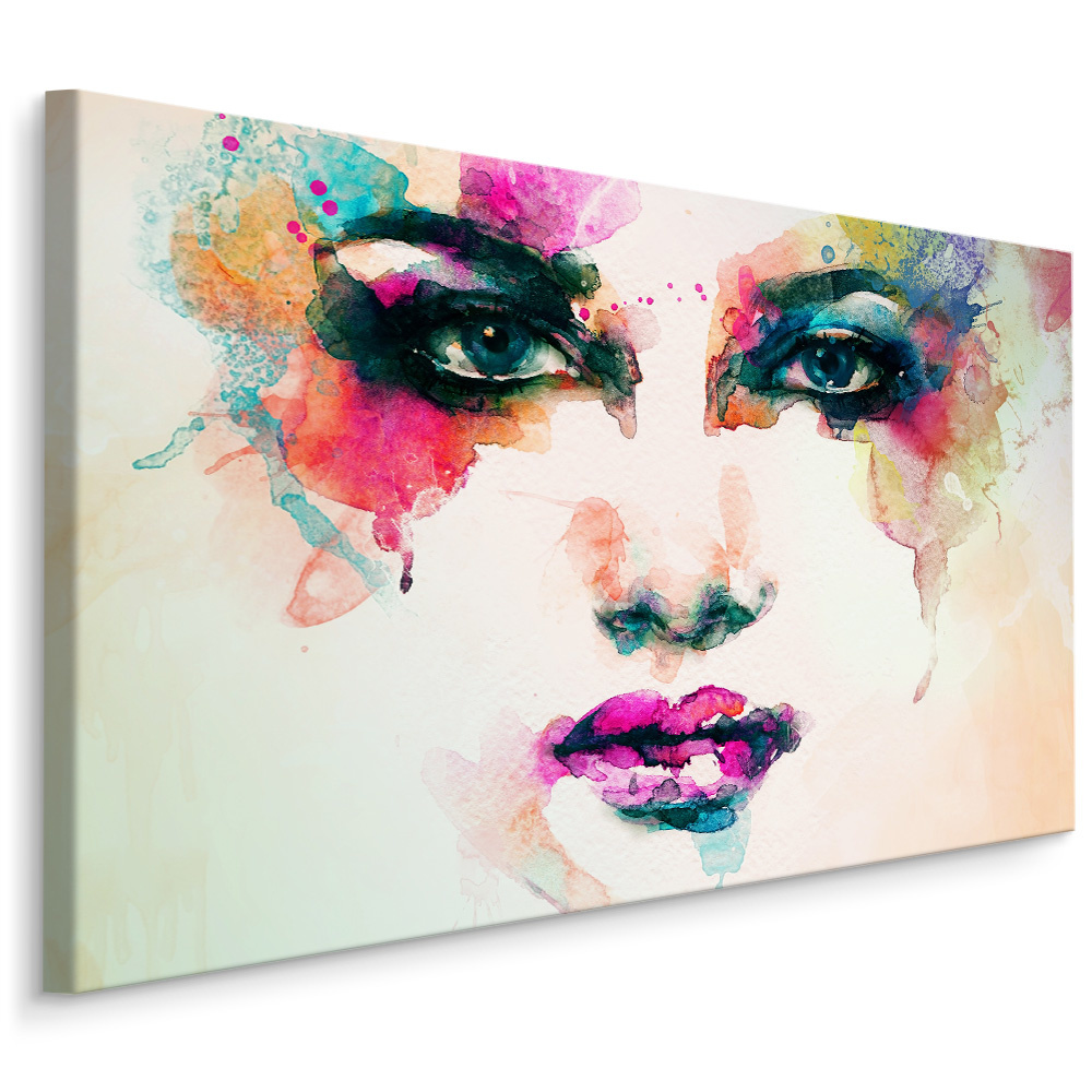 Schilderij - Aquarel gezicht van een vrouw, print op canvas, multikleur afbeelding