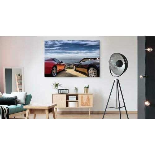 Schilderij - Luxe auto's in de bergen, premium print, wanddecoratie