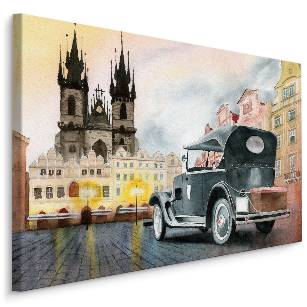 Schilderij - Oldtimer in de stad , print op canvas, Premium print afbeelding